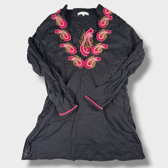 OndadeMar Black Tunic Top Size M Embroidered Boho Paisley Cover Up Long Sleeve - Picture 2 of 8